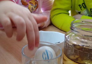 Weronika wrzuca do szklani z wodą piłeczkę pingpongową